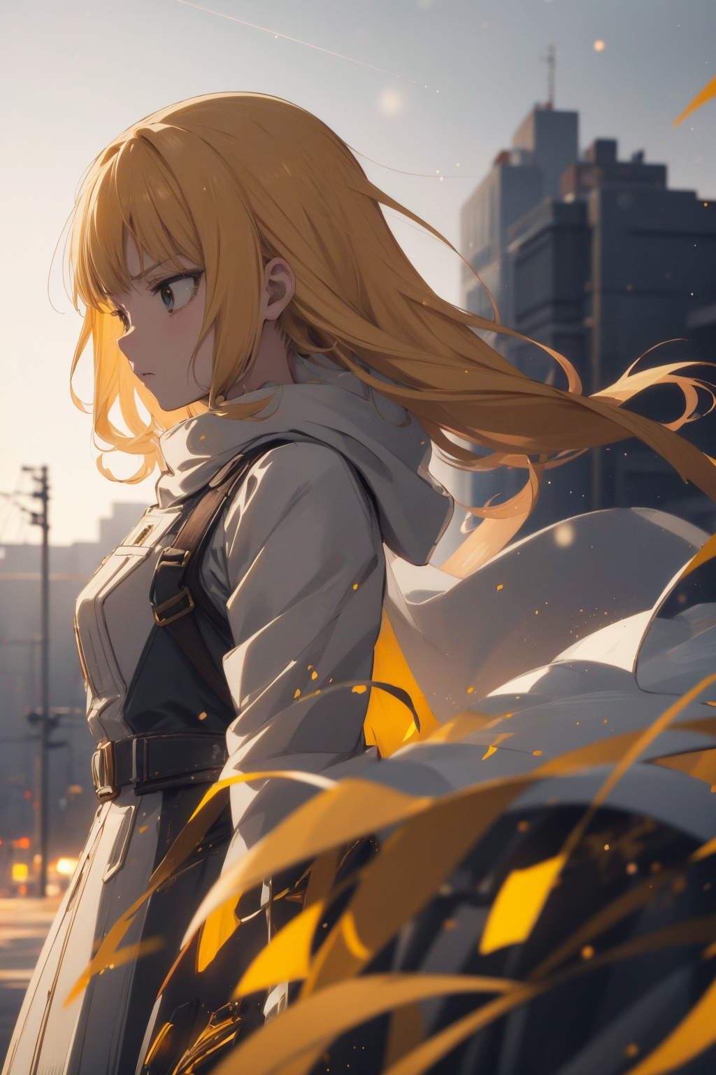 anime opening, (1girl), solo, winter aesthetic in yellow theme atmosphere, (wallpaper style), movie trailer, Omni, cinemat...